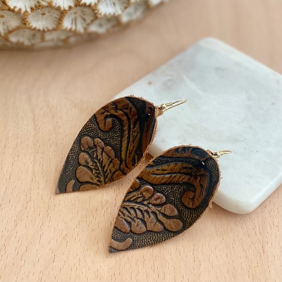 Jewelry - Leather Embossed Earrings- Milk Chocolate & Gold